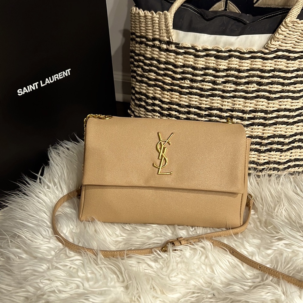 YSL medium grain de poudre Leather dark beige bag with gold hardware.